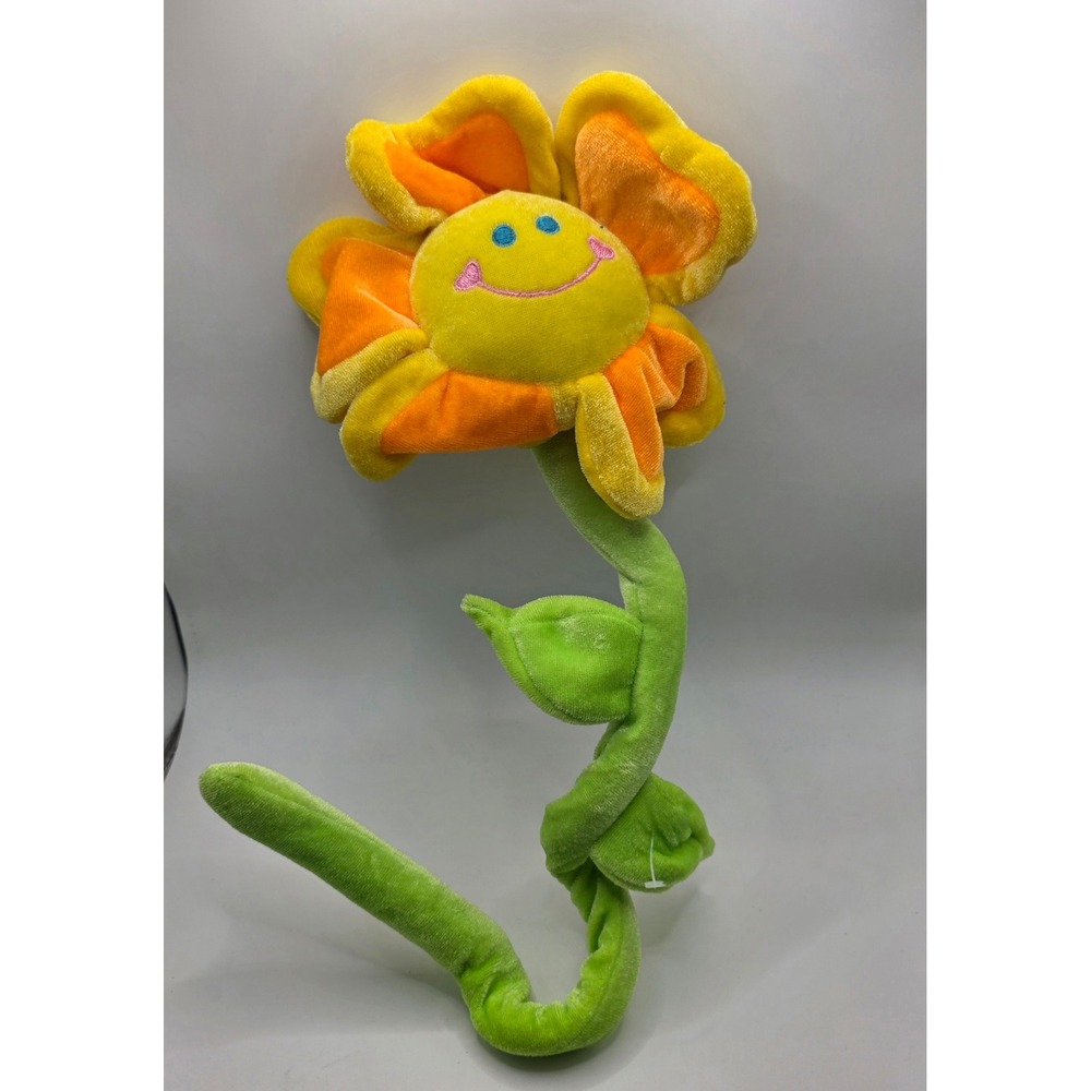 Best Made Toys Bendable Plush Flower Smiley Face Yellow Orange Posable Stem 18in